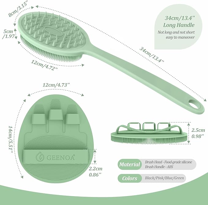 Silicone Back Scrubber & Bath Glove Set 2PCS, 13.4'' Gentle Shower Back Scrubber with Dual-Side Head Non-Slip Handle, 360° Anti-Slip Hand-fit Bath Glove for Rich Foaming Deep Cleaning(Green)