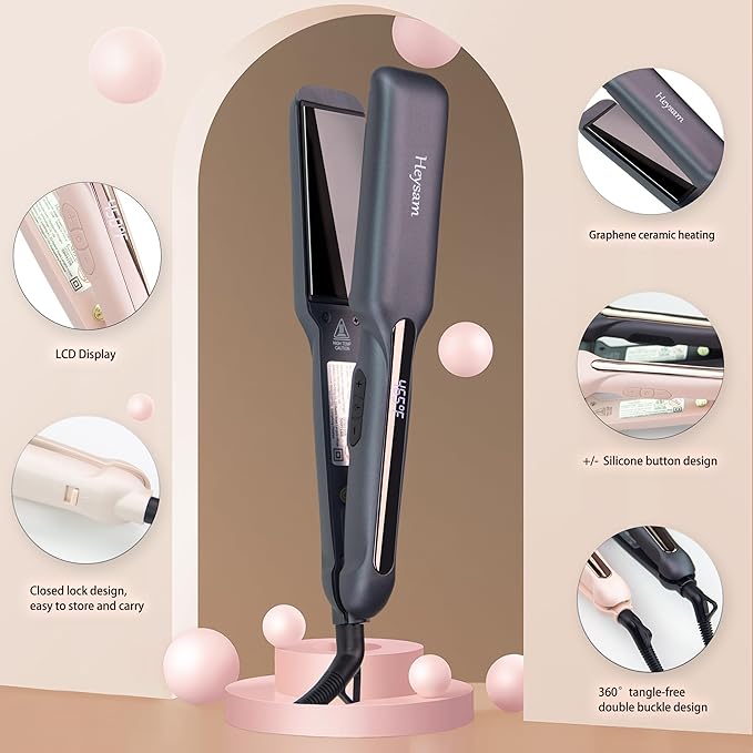 Heysam Flat Iron Hair Straightener for Thick Hair, Titanium Ceramic Ionic Dual Voltage Hair Straightener and Curler 2-in-1, Travel Flat Iron 1.6 Inch for Less Frizz, Shinier & Smoother, Fast Heating