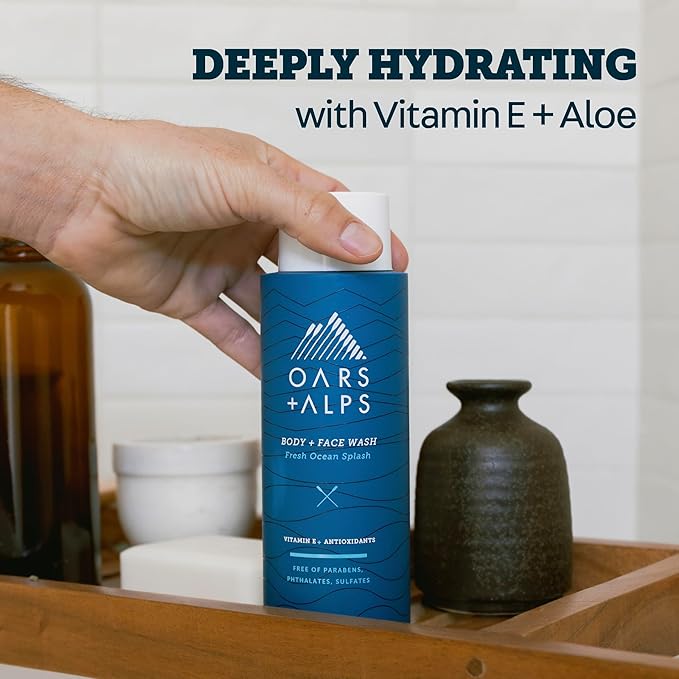 Oars + Alps Body Wash for Men, Mens Body Wash with Vitamin E and Antioxidants, Moisturizing, Hydrating, Paraben & Sulfate Free Cleanser, Fresh Ocean Splash, 2pk