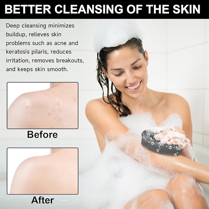 Metene Silicone Exfoliating Body Scrubber with Loop, Body Scrubber for Men and Women, Silicone Loofah for Shower, Soft Silicone for Shower and Bath Skincare Routine (Gray)