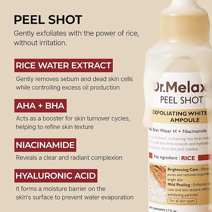 Dr.Melaxin Peel Shot Glow Rice Peeling Ampoule 80ml Daily Soft Exfoliating Face and Body Scrub Dead Skin Cells Blackhead Remover for All Skin Types korean skin care