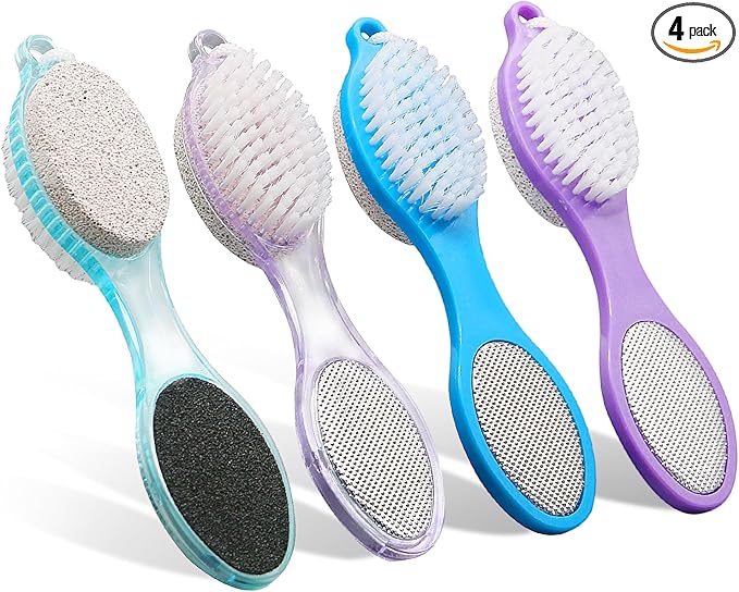 Foot Brush and Pumice Stone - 4 Pack Foot Brush Scrubber for Shower 4 in 1 Pedicure Foot File Exfoliator for Foot Care - Purple and Blue