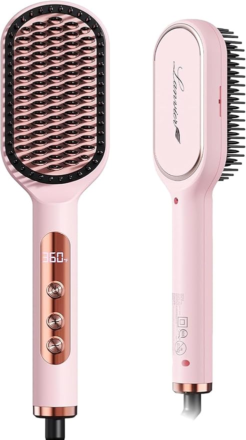 LANVIER Hair Straightener Brush, Ionic Straightening Brush with Infrared, Heated Straightening Comb with Negative Ions, Dense Bristles, 32 Temps, Dual Voltage, Flat Iron Comb for All Hair Type