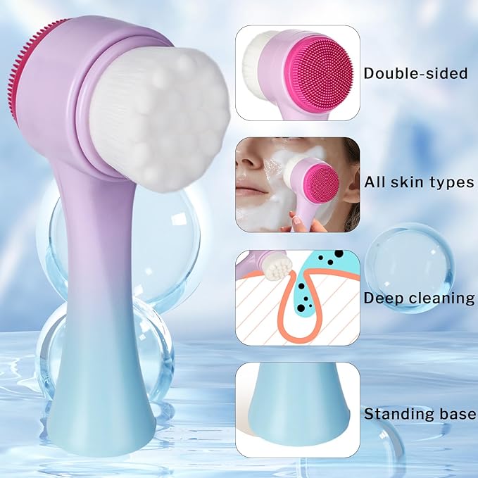 Face Brush 2 in 1, Silicone Facial Cleansing Exfoliating Brush Soft Bristles Pore Deep Cleansing, Jade Face Roller Skin Care Tools, Manual Dual Face Wash Scrub Brush Massaging Gift