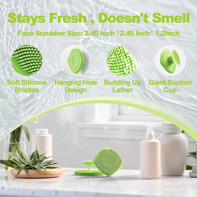 2 Pack Face Scrubbers, Silicone Face Scrubber Soft Bristles, Gentle Lather, Exfoliating & Deep Cleaning for Sensitive Skin, Giant Suction Cup Stick Securely, Easy to Store (Green)