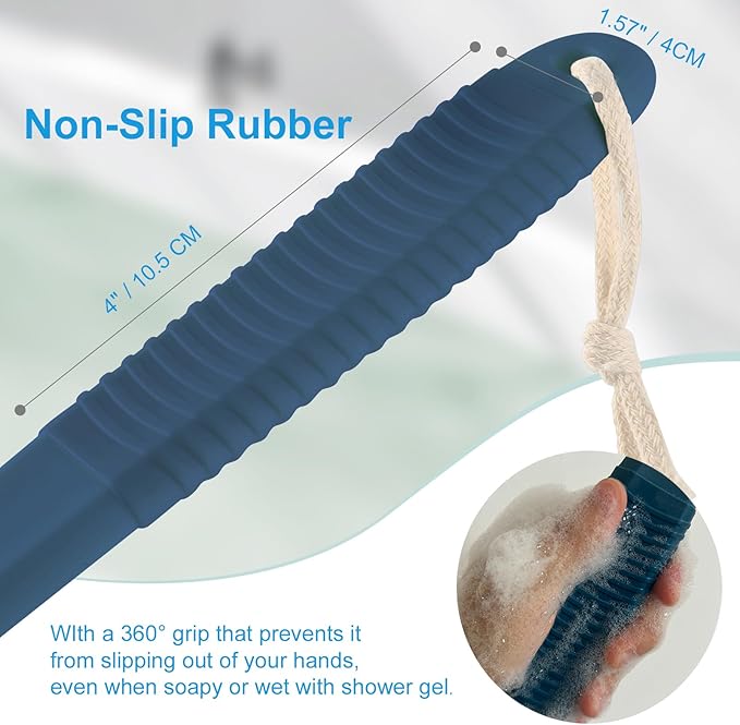 VANZAVANZU Back Scrubber for Shower, Bath Brush with 17-Inch Long Anti-Slip Handle, Wet and Dry Brushing Body Brush for Body Cleansing, Back Brush for Men and Women (Blue)