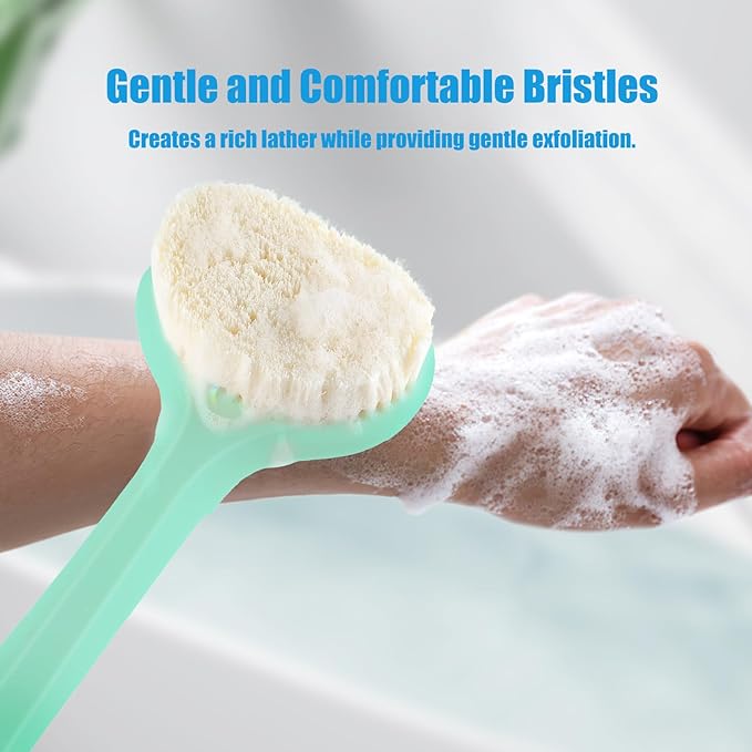 VANZAVANZU Back Scrubber for Shower, Bath Brush with 17-Inch Long Anti-Slip Handle, Wet and Dry Brushing Body Brush for Body Cleansing, Back Brush for Men and Women (Celadon Green)