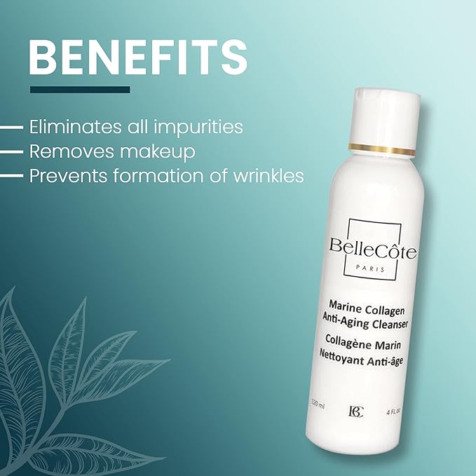 BelleCôte Paris Marine Collagen Anti Aging Cleanser - Lichen Extract & Peptides for Dull And Dehydrated Skin, Removes Impurities & Makeup Toxins | Organic Seaweed Facial Cleanser 4 fl oz