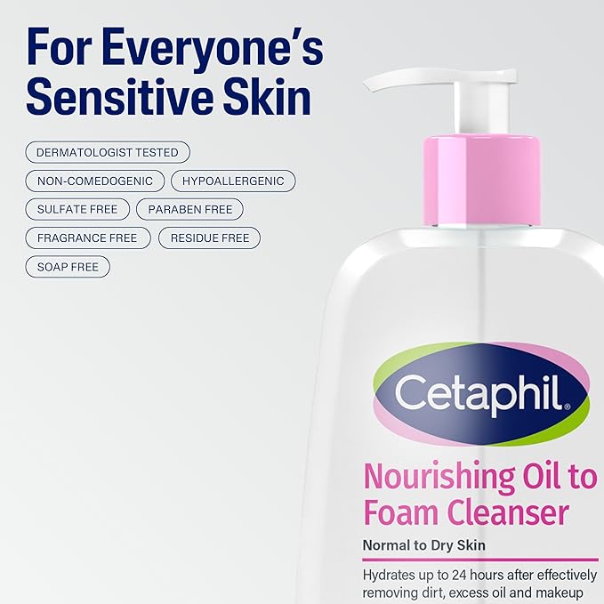 Cetaphil Nourishing Oil to Foam Facial Cleanser for Normal to Dry Skin, up to 24 Hour Hydration, 8 fl oz