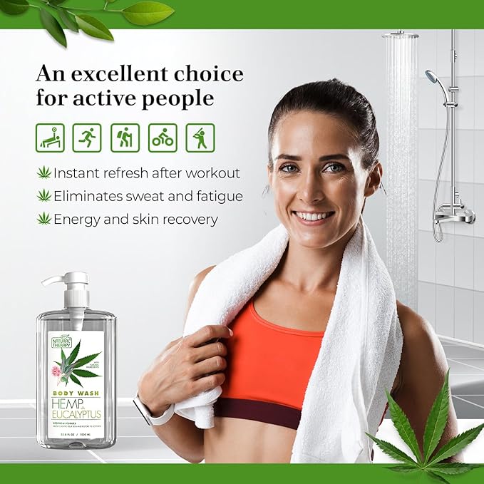 Natural Therapy Body Wash for Women and Men with Hemp & Eucalyptus Oils - Shower Gel Cleanses and Moisturizing Skin - With Dead Sea Minerals Nourish for Body, Pack of 2 (67.6 fl.oz)