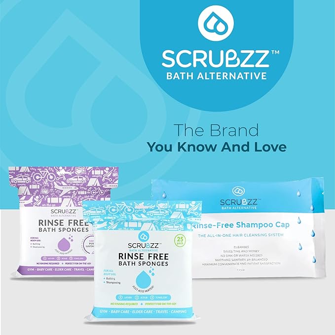 Scrubzz Shampoo Caps No Rinse for Elderly and Bedridden Patients, Rinse Free Shampoo Caps for Post Surgery and Hospital Stays, Waterless Hair Washing Shower Caps - 12 Pack