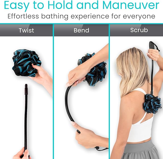 Vive Bendable Loofah on a Stick with Long Handle - Body Exfoliator Luffa & Long Handled Sponge - Back Scrubber & Bath Brush Lufa for Shower, Women, Men, Elderly - Handheld Loofa & Wall Hook Included
