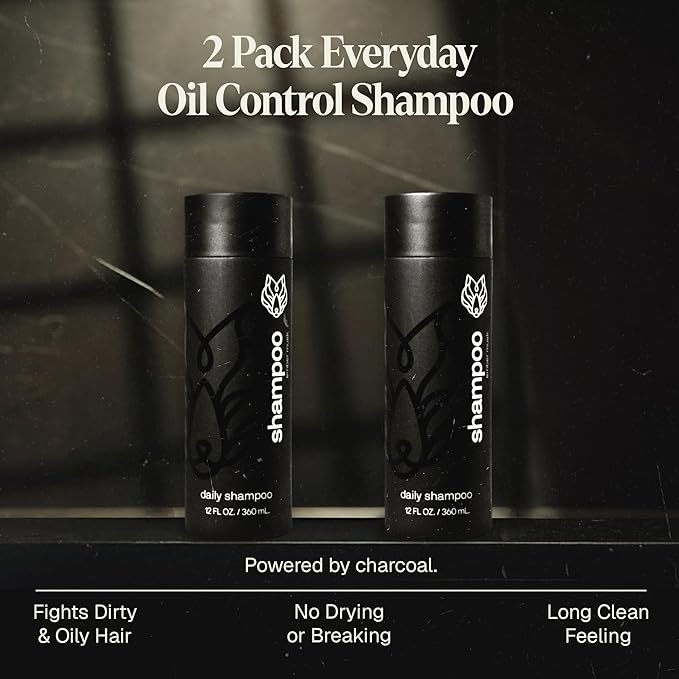 Black Wolf 2-Pack Mens Shampoo for Oily Hair, 12 Fl Oz - Charcoal-Infused Oil Control Shampoo with Moisturizing & Deep Cleansing Formula Hydrates & Nourishes Scalp - Daily Hair Care for Men