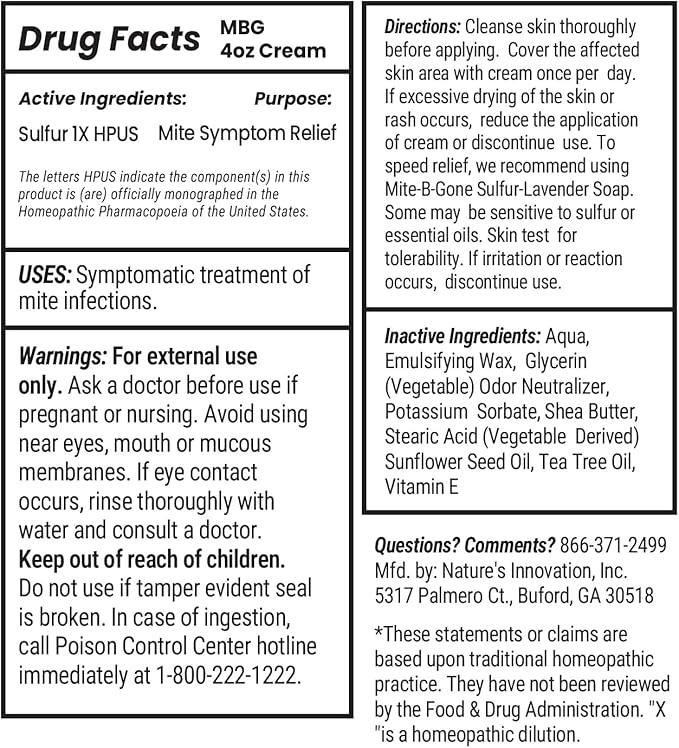 Mite Cream & Bite Relief - Natural Blend Sulfur Cream for Multi-Purpose Bites, Redness, Itching, & Irritation | Safe for Kids and Adults | Fast & Effective for All Skin Types| 4 oz