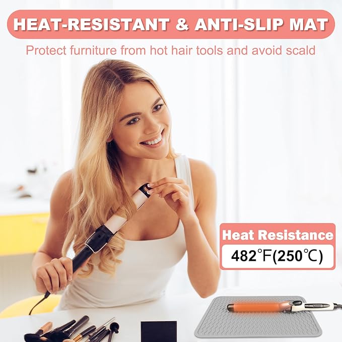 Oversize Silicone Heat Resistant Mat for Curling Irons, Hair Straighteners, Flat Irons and Hot Hair Styling Tools, Portable Wrap Pad Cover for Vanity, Travel, Salon(14.2" x 11.0")