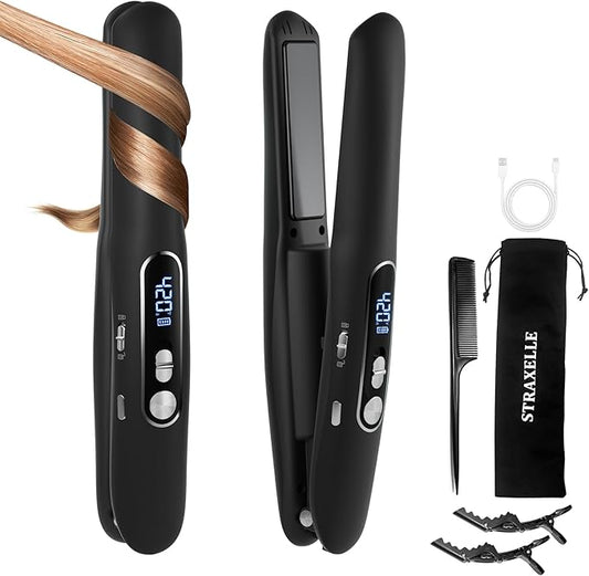 Cordless Hair Straightener and Curler 2 in 1, Portable Mini Flat Iron Adjustable 350°F-420°F Mini Travel Hair Straightener LED Display/5000mAh Ceramic Flat iron hair straightener for Women Men (Black)