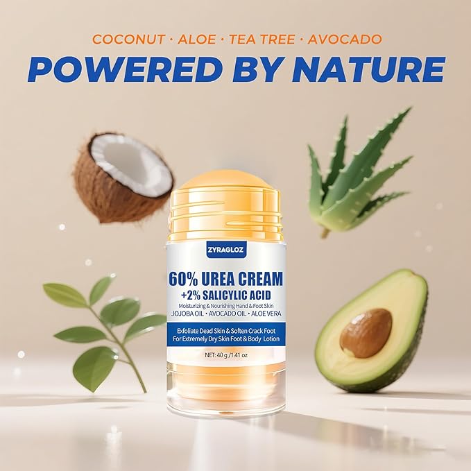 Urea Cream Stick 60% plus Salicylic Acid 2%, Maximum Strength Urea Foot Cream for Dry Cracked Heels, Feet Callus Remover, Hands Knees Exfoliating Dead Skin, Softening Skin Moisturizer Lotion
