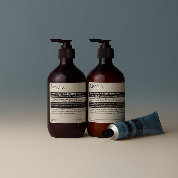 Aesop Reverence Hand Wash & Balm Set | Woody, Earthy, Smoky Duo that Exfoliates & Hydrates Hands Soft, Purified Hands | 16.9 oz / 500 mL