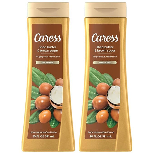 Caress Body Wash, Shea Butter & Brown Sugar, Moisturizing Body Wash for Gorgeous, Radiant Skin, Exfoliating Body Soap Liquid, 20 Fl Oz (Pack of 2)