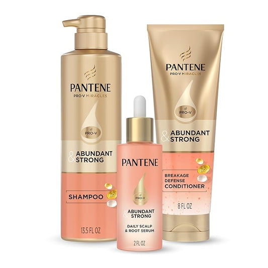 Pantene Abundant & Strong 3-Piece Regimen with B5 Complex + Niacinamide, Shampoo (13.5 oz), Conditioner (8 oz), Serum (2 oz) for Hair Loss, Thinning, Anti-Breakage, Volume - Grows Healthier