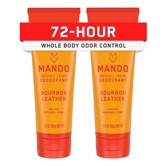 Mando Whole Body Deodorant For Men - Invisible Cream - 72 Hour Odor Control - Aluminum Free, Baking Soda Free, Skin Safe - 3 Ounce Tube (Pack of 2) - Bourbon Leather