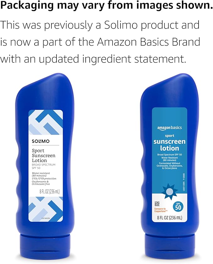 Amazon Basics Sport Sunscreen Lotion SPF 50, Water Resistant (80min), Formulated without Octinoxate & Oxybenzone, Broad Spectrum UVA/UVB Protection, Unscented, 8 fl oz, 6-Pack