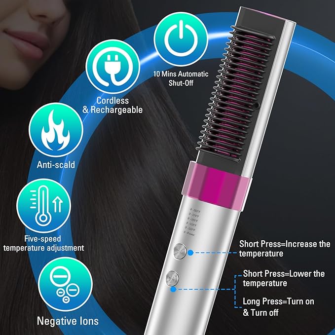 SDLOGAL Rechargeable Hair Straightener Brush, Hair Straightener Comb Straightening Brush for Women, with 5 Temps & Fast Heating, Easy and Fast Salon-Style, Built-in Double Ionic Generators
