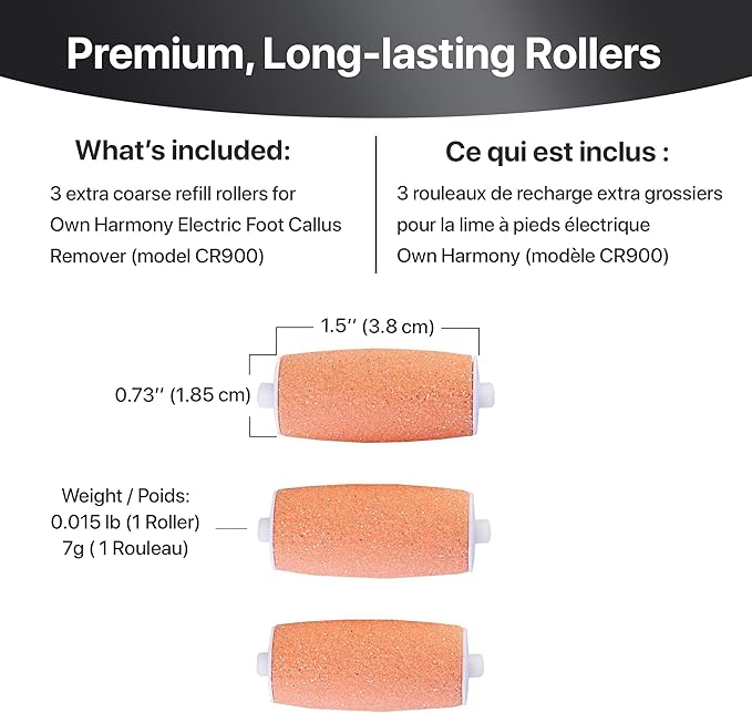 Own Harmony Extra Coarse 3 Refill Rollers Best Fit for Electric Callus Remover CR900 - Foot Care for Healthy Feet - Pedicure File Tools - Replacement 3 Pack Extra Coarse (Peach)