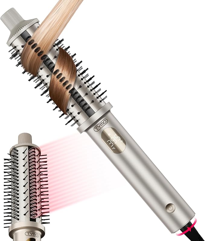 TYMO STYLUX PRO Thermal Brush Curling Brush, 1.5 Inch Blowout Heated Round Volumizer, Hair Straightener and Curler 2 in 1, 800M Negative Ion for Smoother, LCD Display, 5 Temp, Dual Voltage, Gold
