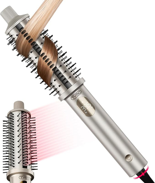 TYMO STYLUX PRO Thermal Brush Curling Brush, 1.5 Inch Blowout Heated Round Volumizer, Hair Straightener and Curler 2 in 1, 800M Negative Ion for Smoother, LCD Display, 5 Temp, Dual Voltage, Gold