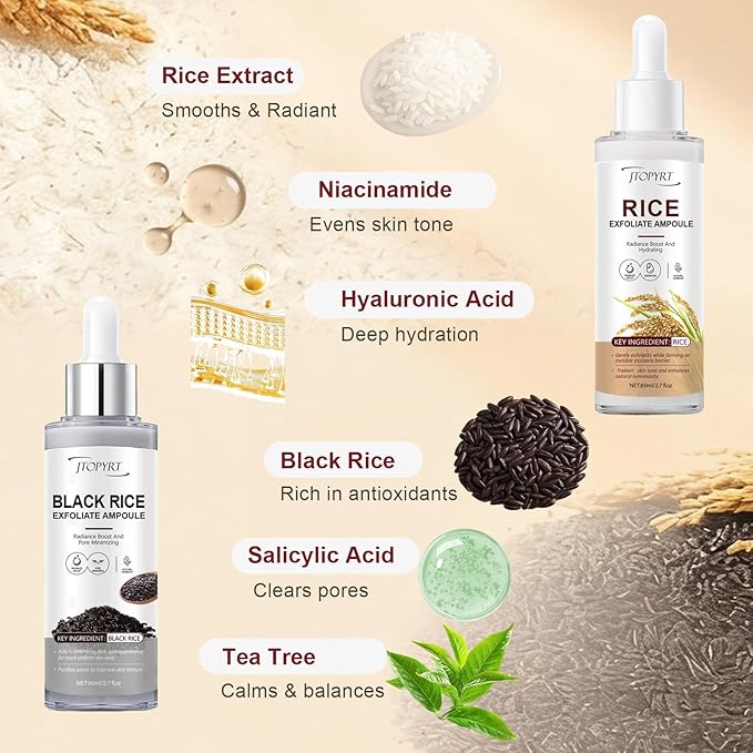 Glow White & Black Rice Exfoliate Ampoule - Peeling Shot Exfoliating Gel with Rice Extract - Gently Removes Dead Skin & Blackheads - for Morning & Night Facial Care for All Skin Types - 2 x 2.7 fl oz