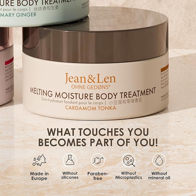 Jean & Len Melting Moisture Body Treatment Cardamom & Tonka, for a fragrant care result, for normal skin, nourishing body butter, without parabens & silicones, vegan, 6.76 Fl. Oz.