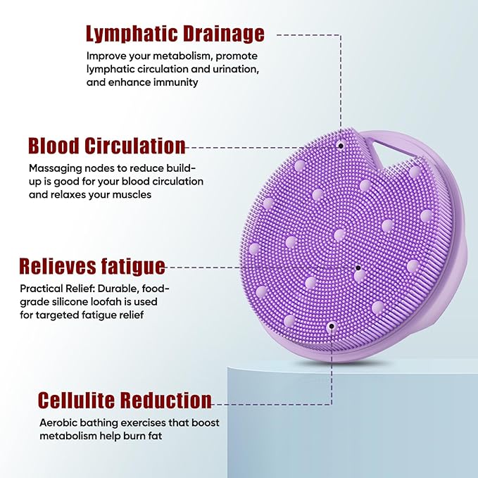 Silicone Body Scrubber - Anti Zinc Infused-Stiff and Soft Bristles,Exfoliating Body Wash Scrubber,Loofah Shower Scrubber for Body,Lymphatic Drainage,Blood Circulation and Lather Well - Purple