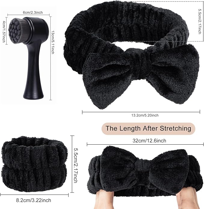 Facial Cleansing Brush 2 in 1, Silicone Face Scrubber Dual Face Brush for Deep Pore Cleansing Exfoliating, Skincare Headband and Wristbands Set for Washing Face, Massaging Spa Makeup,Black Set