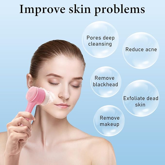 Facial Cleansing Brush 2 in 1, Silicone Face Scrubber Dual Face Brush for Deep Pore Cleansing and Exfoliating, Skincare Headband and Wristbands Set for Washing Face, Massaging Spa Makeup, Pink