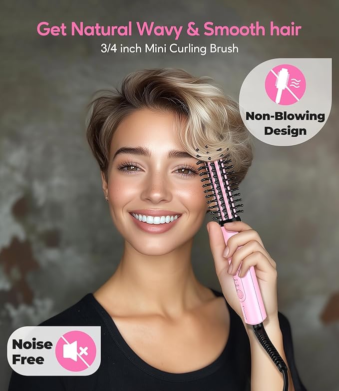 Farery Mini Thermal Brush 3 Temperature Adjustable, 3/4 Inch Travel Curling Iron for Short Hair, Heated Round Brush for Touch ups and Small Curls, Travel Size Curling Wand, Dual Voltage, Pink