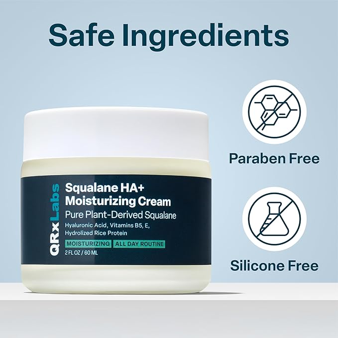 QRxLabs Plant-Based Squalane Face Moisturizer - Hyaluronic Acid Hydrating Cream - Moisturizing Face Cream Vitamin B5 & Rice Protein - Silicone-Free Cruelty-Free Body Moisturizer - 2 Fl Oz