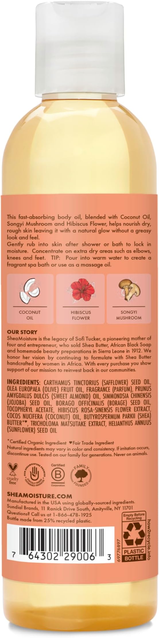 Shea Moisture Coconut & Hibiscus Massage Oil and Body Oil for Dry Skin, Bath Oil with Coconut Oil and Vitamin E Oil for Skin, 8 oz