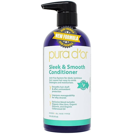 PURA D'OR Sleek & Smooth Conditioner (16oz) Anti-Frizz Formula For Luminous Hair, Easy to Comb, Detangling and Moisturizing, with Organic Aloe Vera, Organic Cedarwood Oil & Lemon Oil