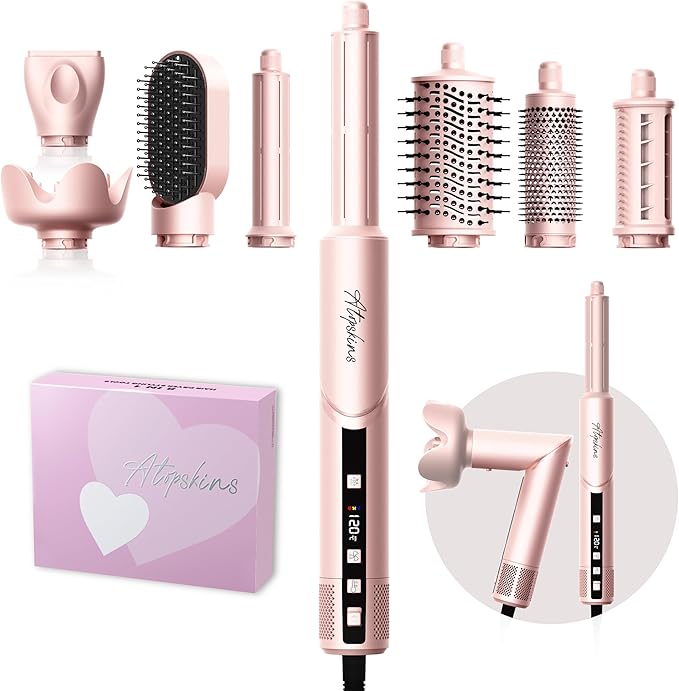 8-in-1 Hair Dryer Brush & Hot Air Styler, 110,000 RPM Blow Dryer Brush Foldable LCD Display, 4 Heat Settings Auto Curler Fast Drying Curling Straightening for Salon & Travel (Pink)