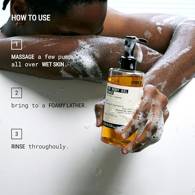 JUNO & Co. Body Oil Rinse, Shower Oil with with Rice Bran, Meadowfoam Seed & Calendula, Hydrating, Balancing & Skin-Softening Body Wash for Women/Men 9.13 fl oz