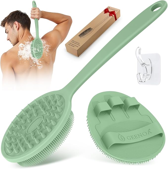 Silicone Back Scrubber & Bath Glove Set 2PCS, 13.4'' Gentle Shower Back Scrubber with Dual-Side Head Non-Slip Handle, 360° Anti-Slip Hand-fit Bath Glove for Rich Foaming Deep Cleaning(Green)