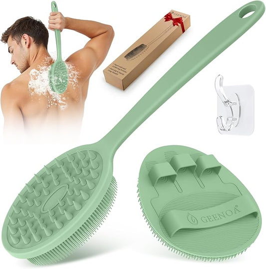 Silicone Back Scrubber & Bath Glove Set 2PCS, 13.4'' Gentle Shower Back Scrubber with Dual-Side Head Non-Slip Handle, 360° Anti-Slip Hand-fit Bath Glove for Rich Foaming Deep Cleaning(Green)
