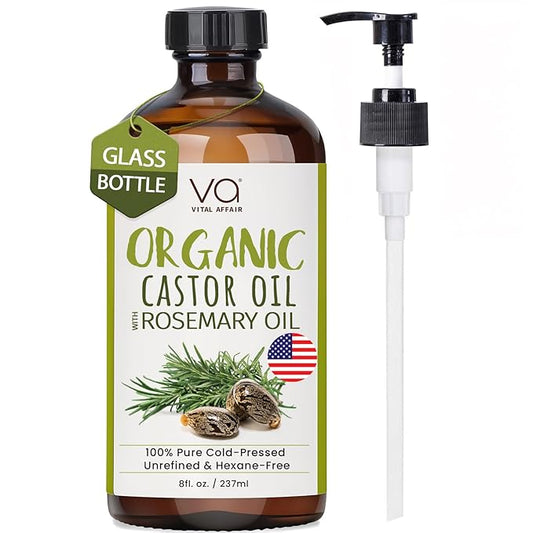 VITAL AFFAIR Organic Castor Oil With Rosemary Oil For Hair Growth - 100% Pure Rosemary Hair Oil With Pure Castor Oil Cold Pressed Unrefined Glass Bottle - Strengthening & Volumizing 8 Fl Oz