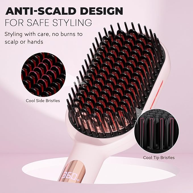 LANVIER Hair Straightener Brush, Ionic Straightening Brush with Infrared, Heated Straightening Comb with Negative Ions, Dense Bristles, 32 Temps, Dual Voltage, Flat Iron Comb for All Hair Type
