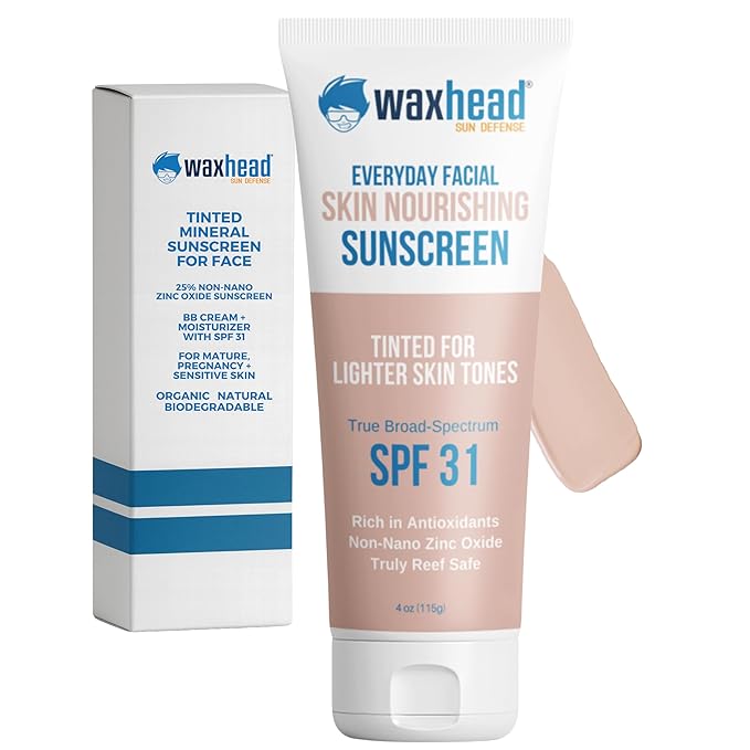 Tinted Mineral Sunscreen for Face SPF 31 by Waxhead – Non-Nano Zinc Oxide BB Cream Moisturizer, Unscented, Non-Comedogenic Facial Sunscreen & Primer for Daily Wear (Light Tint 4oz)