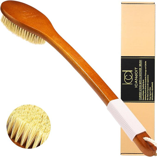 ICANdOIT-17.71Inch Natural Stiff Sisal Bristles Anti-Slip Curved Long Handle Bath Brush,Bent Handle Shower Scrubber for Exfoliating,Shower Back Brush