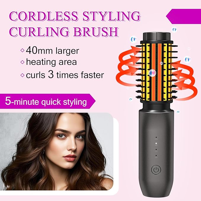 Mini Cordless Curling Iron Brush, Portable Hair Straightening Brush, Cordless Hair Curler Anti-Frizz with Negative Ions, 3-in-1 Crimper Hair Tool, Rechargeable Wave Curling Wand - Night Purple