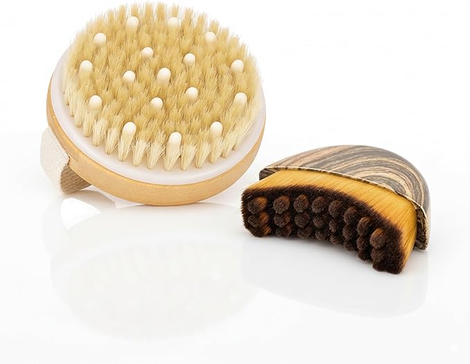 2 in 1 Dry Brushing Body & Face Contour Brush Set – Natural Boar Bristle Body Brush for Lymphatic Drainage, Cellulite & Exfoliation + Soft Facial Brush for Jawline Sculpting & Puffiness