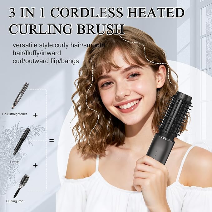 Cordless Hot Brush - Travel Portable Hair Straightener Brush, 4 Temperatures | Fast Heating, Anti-Scald, and Anti-Frizz, Cordless Straightener Tool for Travel, Date, Work - Classic Black